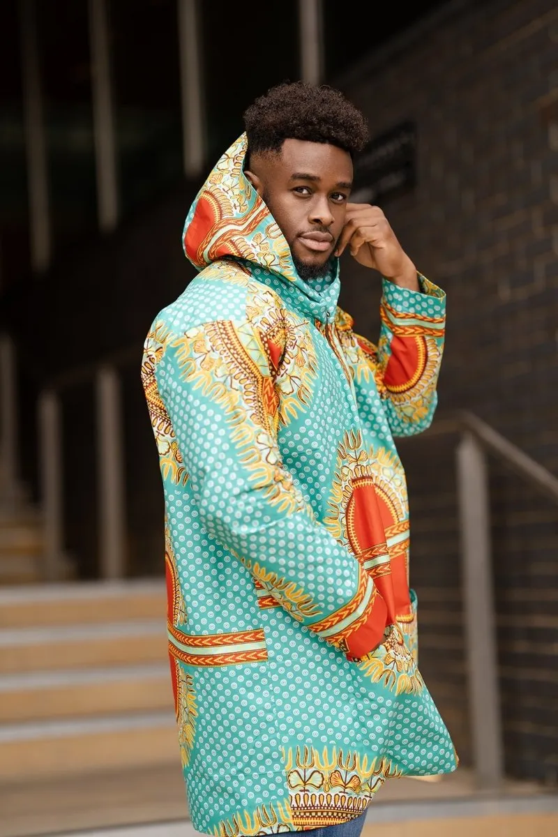 African Hooded Jacket In Turquoise Dashiki