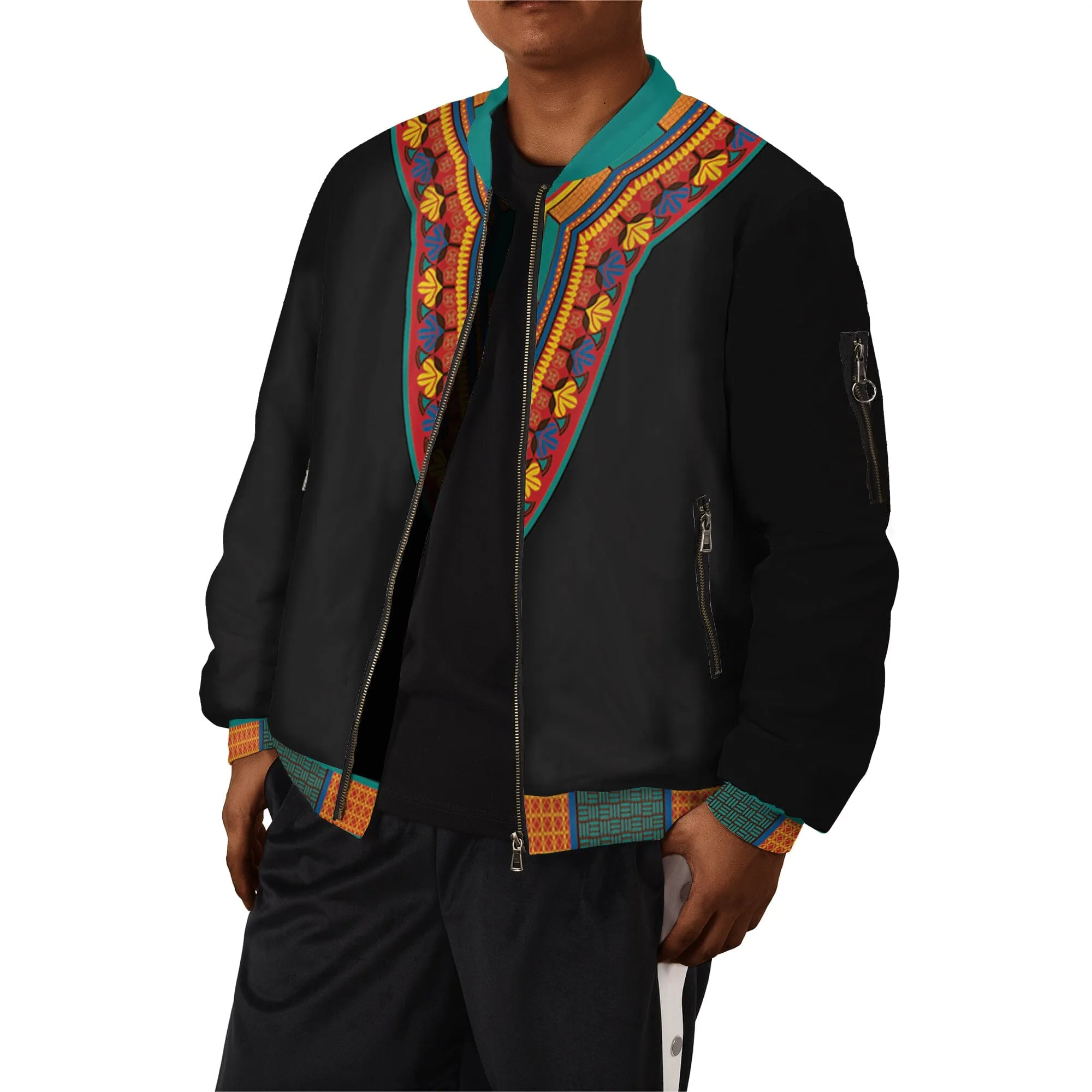 African-Inspired Patterns Printed Bomber Jacket