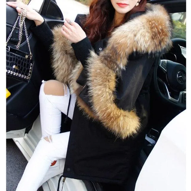 Autumn Women's Raccoon Fur Collar Flared Sleeves Parkas Coats & Jackets