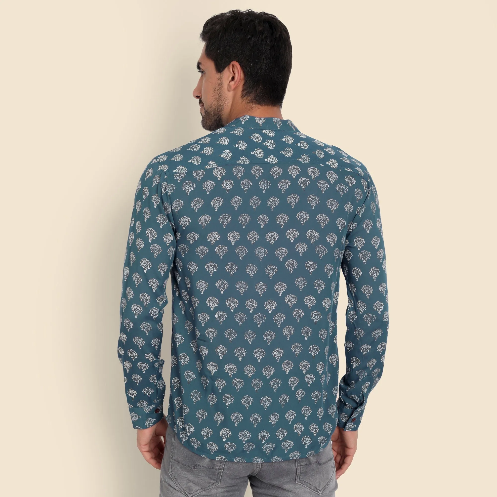 Blue Hand Block Printed Shirt for Men