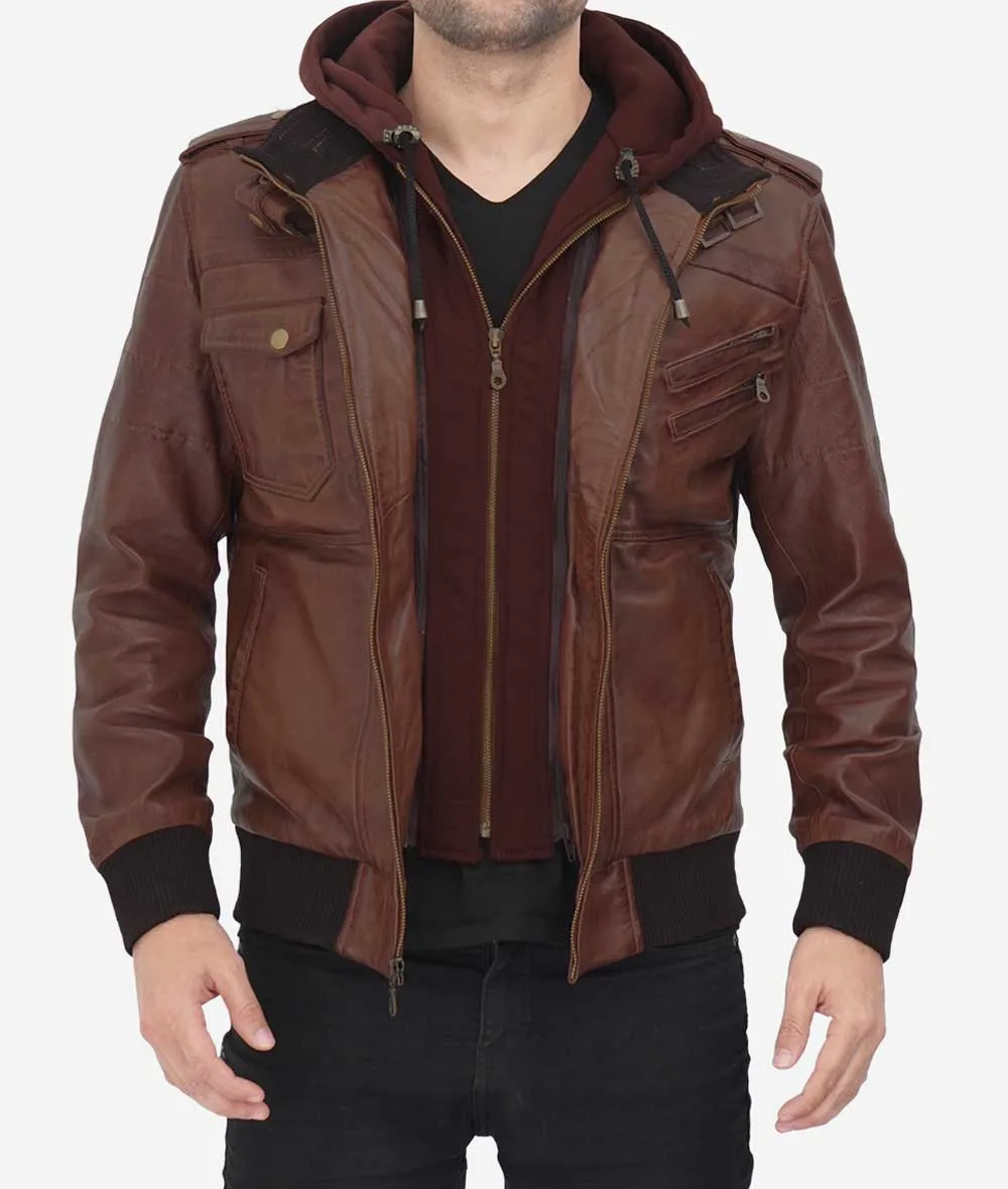 Bomber Brown Leather Jacket With Hood