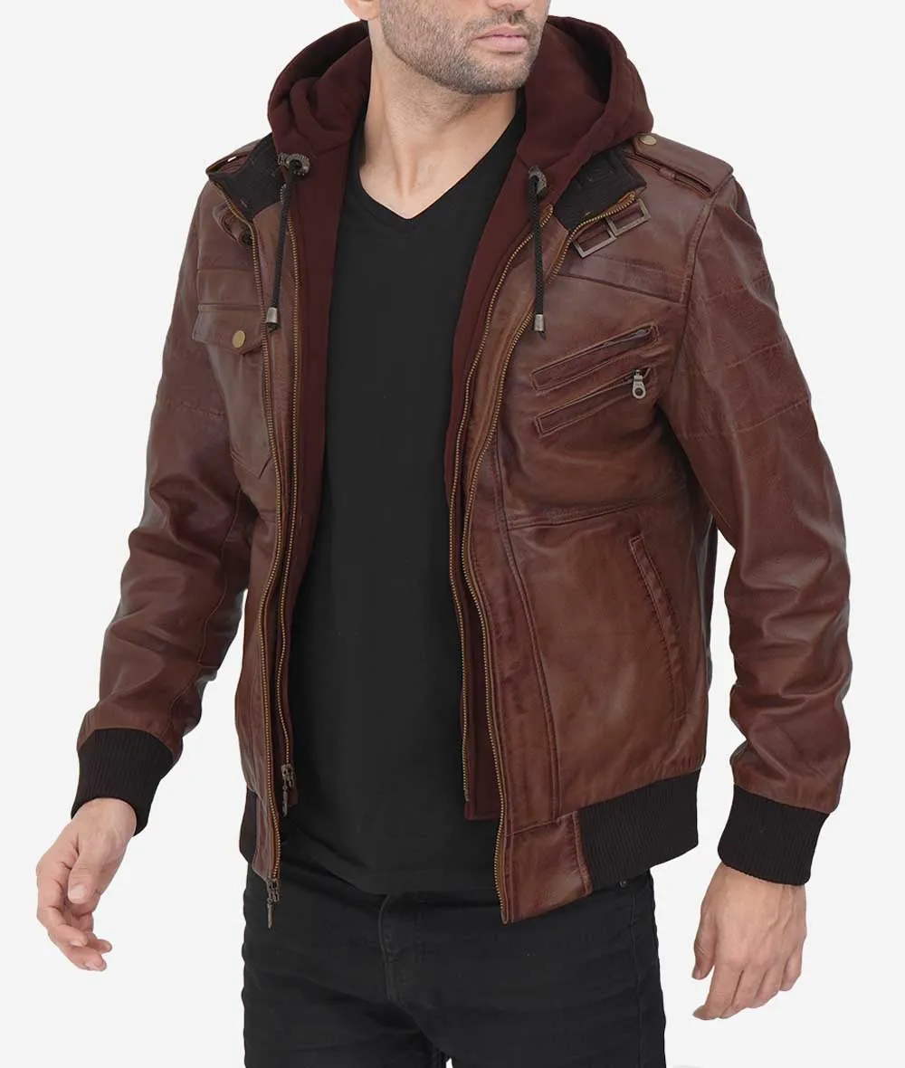 Bomber Brown Leather Jacket With Hood