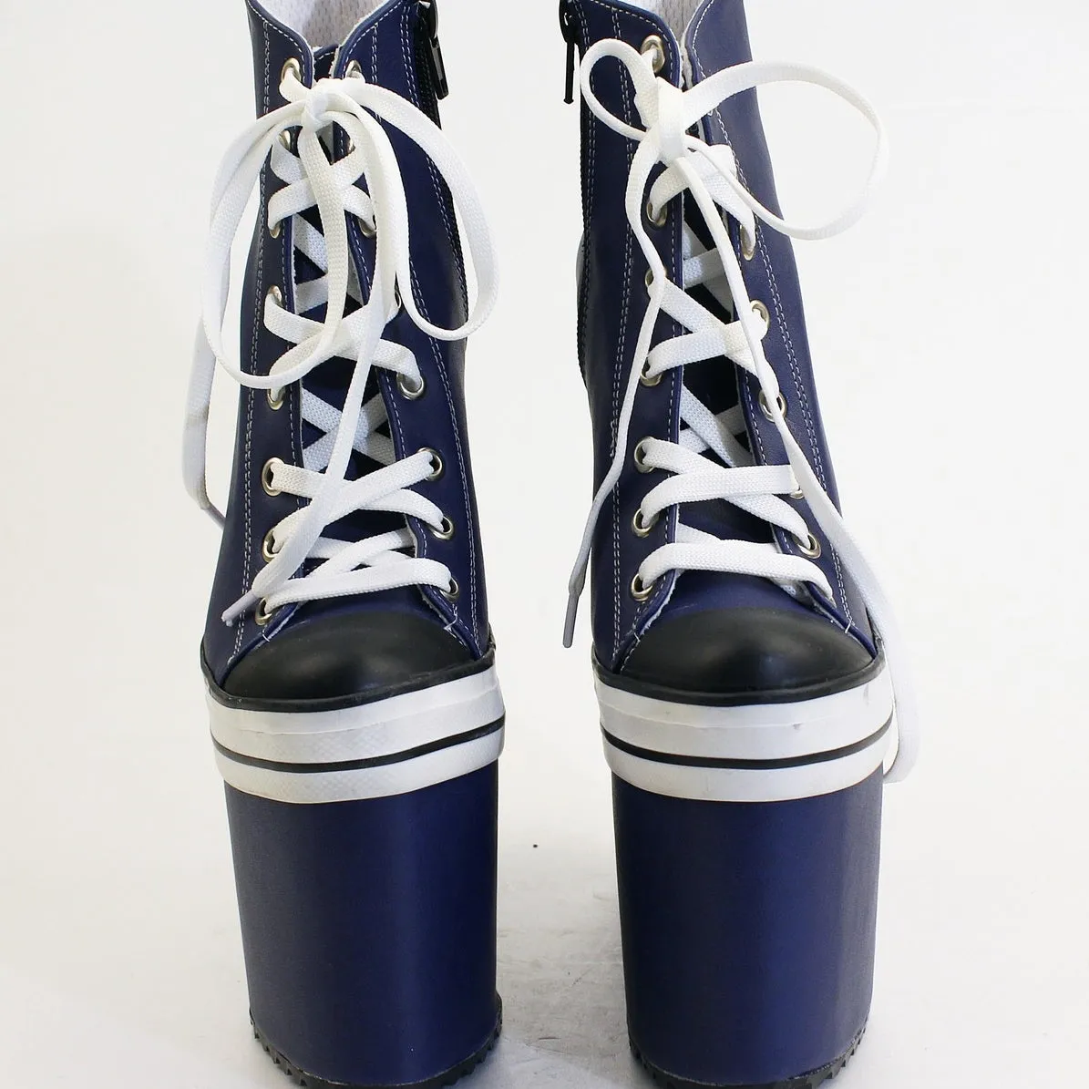 Dark Blue Lace Up Sport Platform Wedge Booties