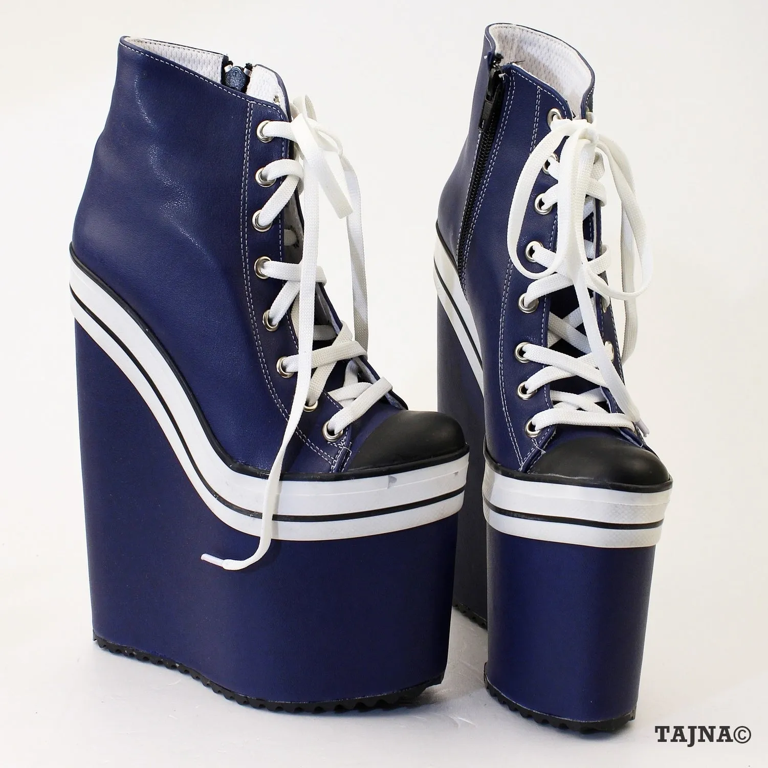 Dark Blue Lace Up Sport Platform Wedge Booties