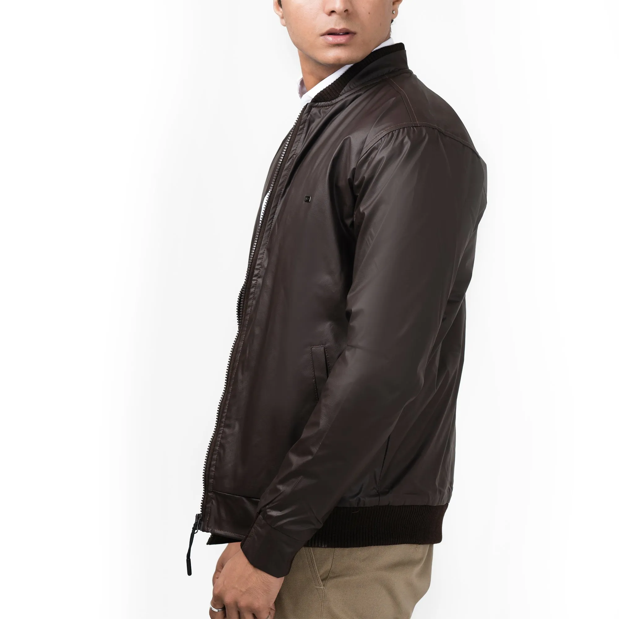 Double Collar Rexine Jacket-Brown