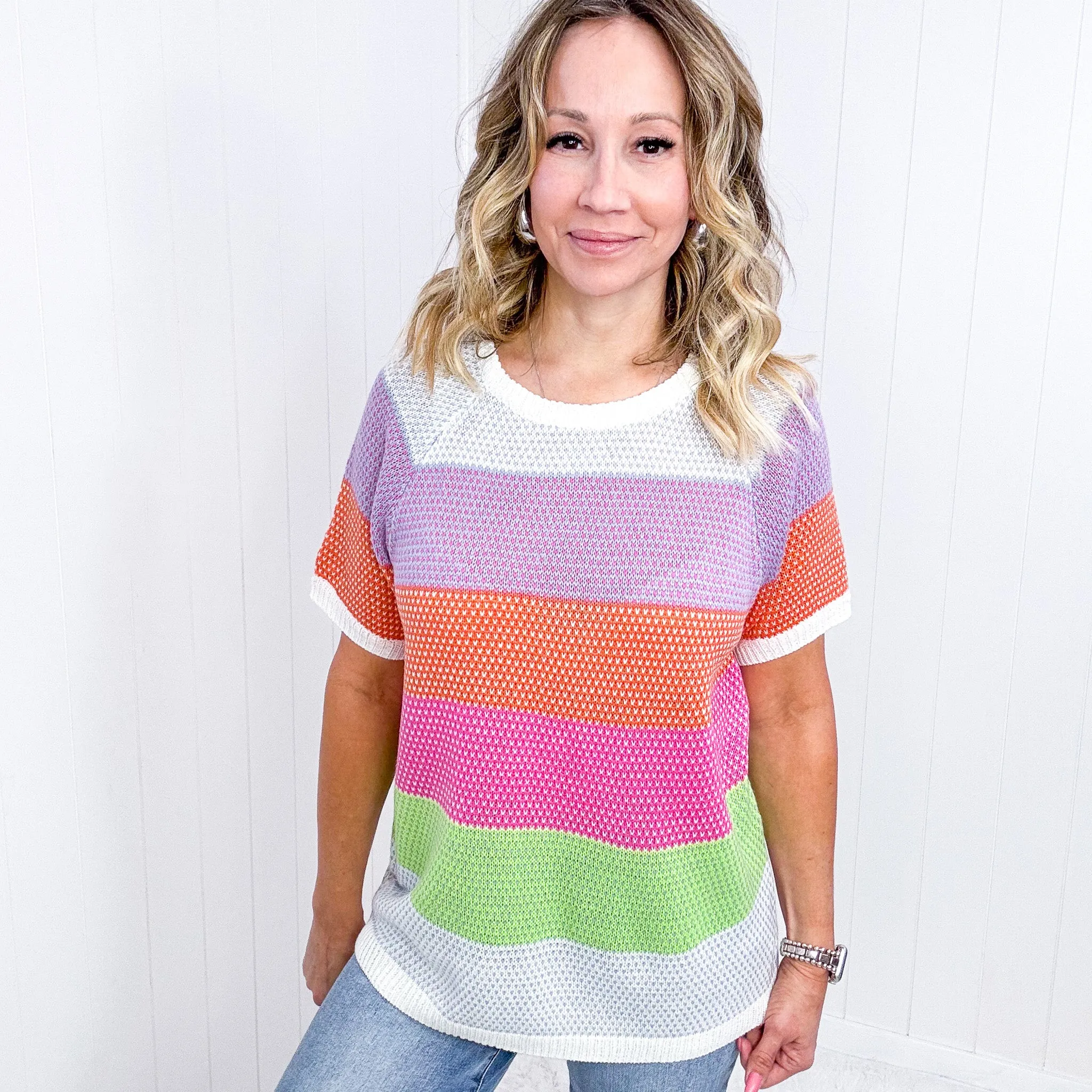 Get Started Lavender and Orange Stripe Short Sleeve Sweater Top