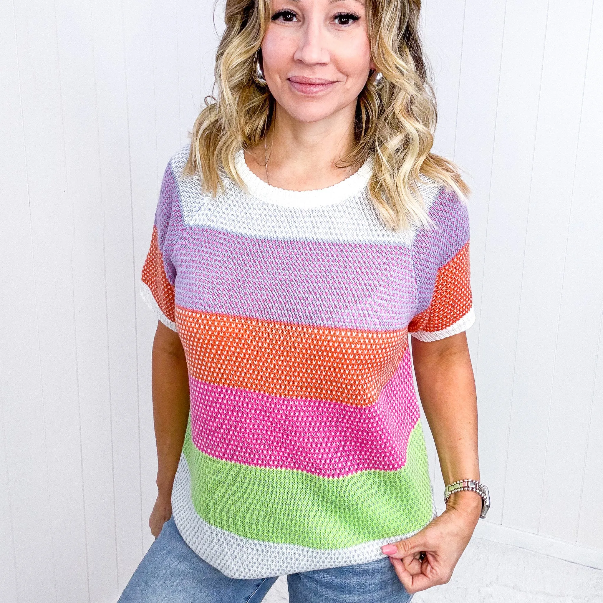 Get Started Lavender and Orange Stripe Short Sleeve Sweater Top