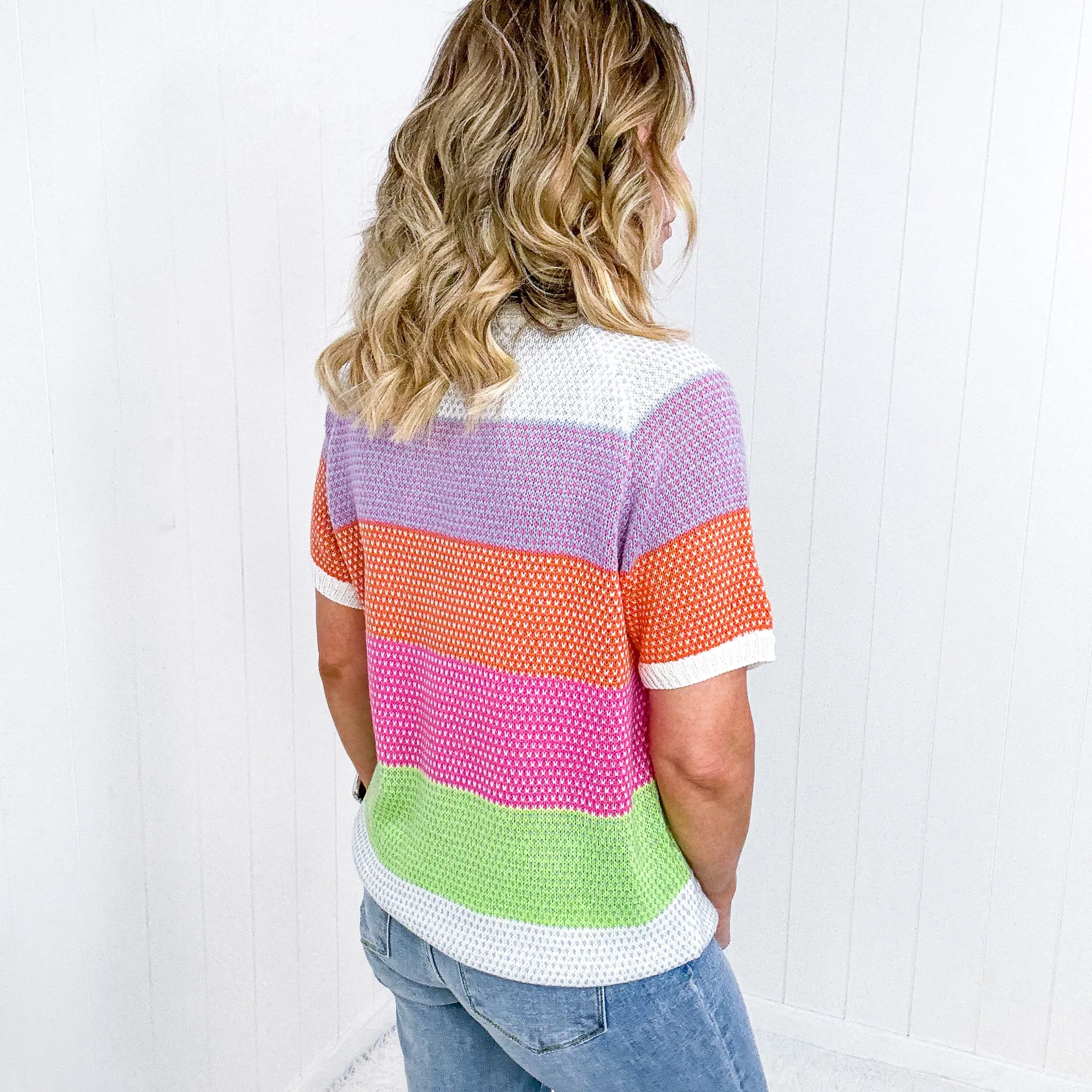 Get Started Lavender and Orange Stripe Short Sleeve Sweater Top