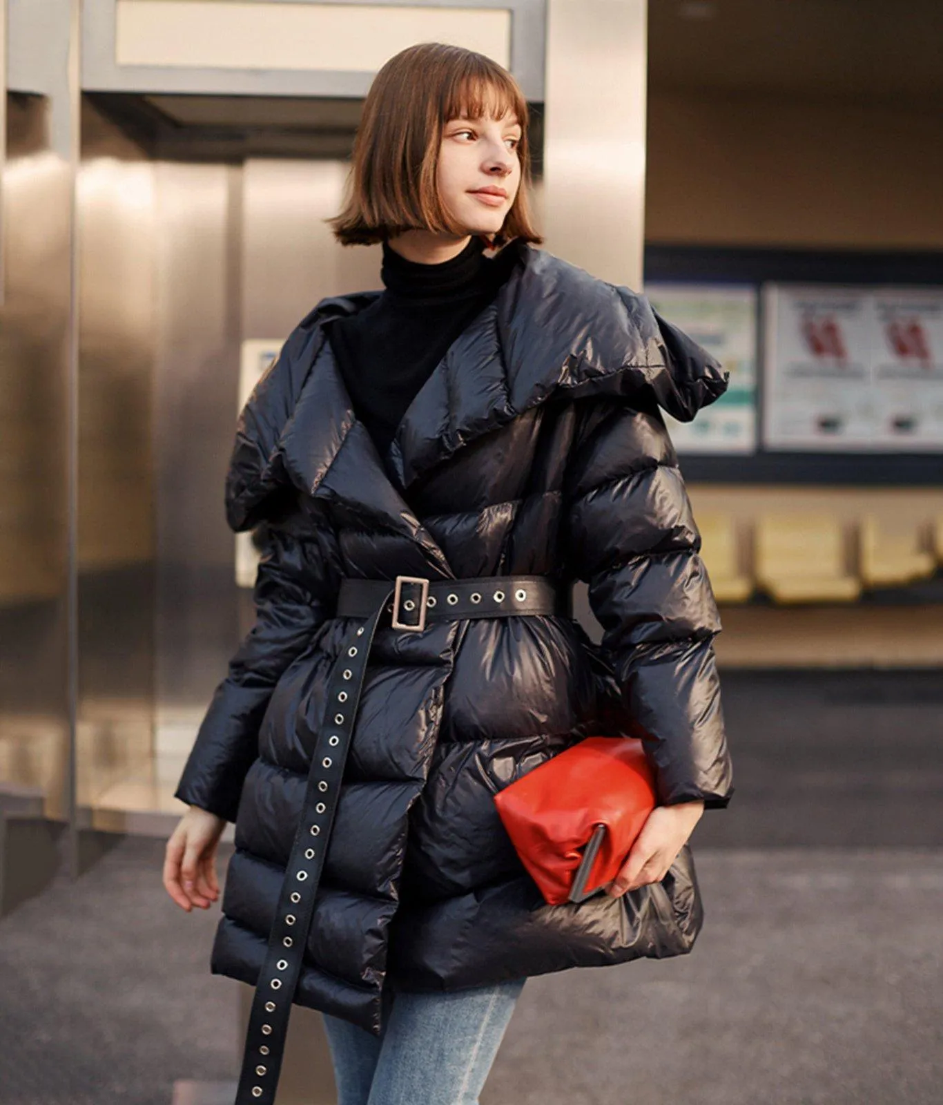 Janice Black Belted Down Puffer Jacket