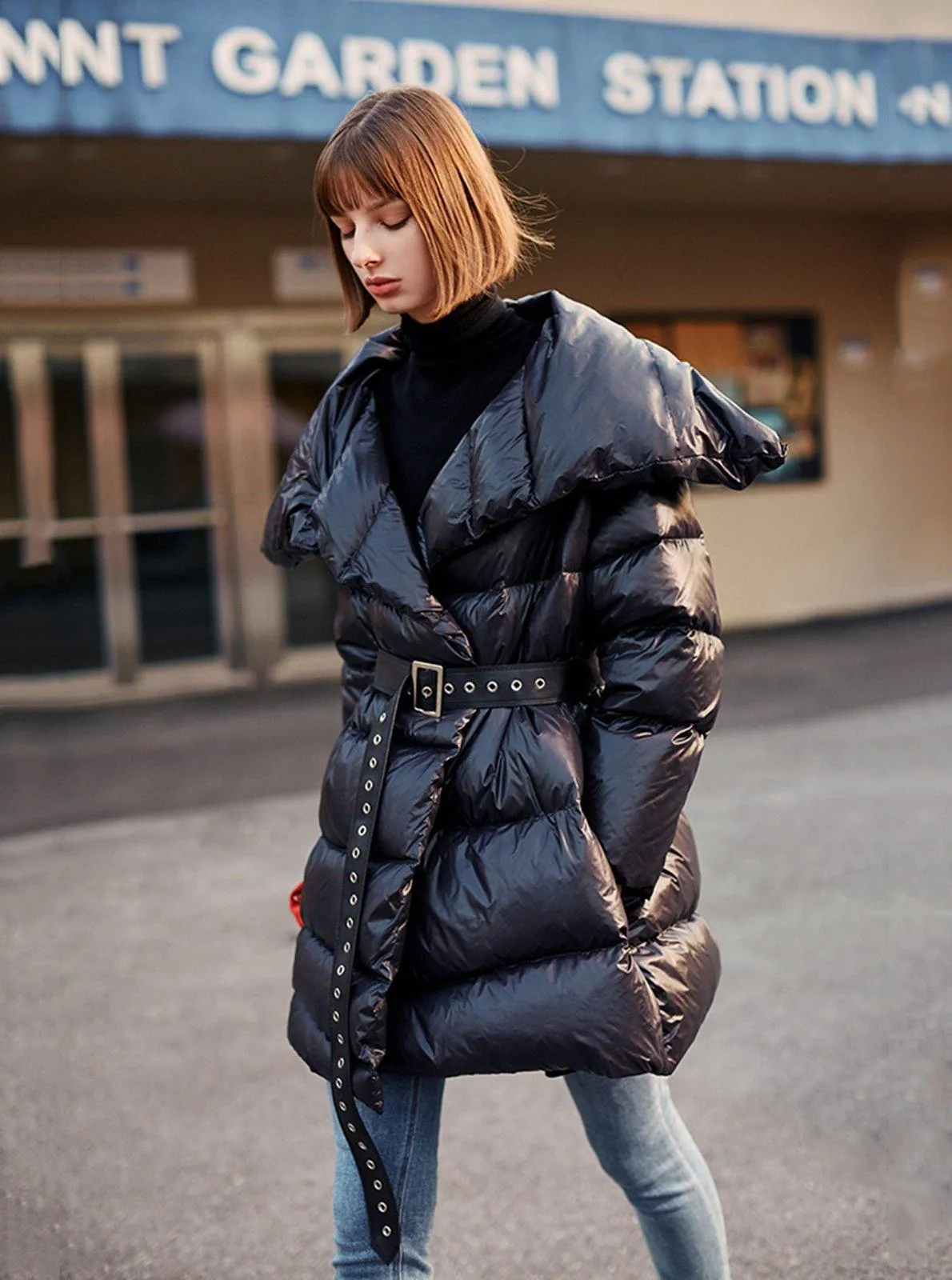 Janice Black Belted Down Puffer Jacket