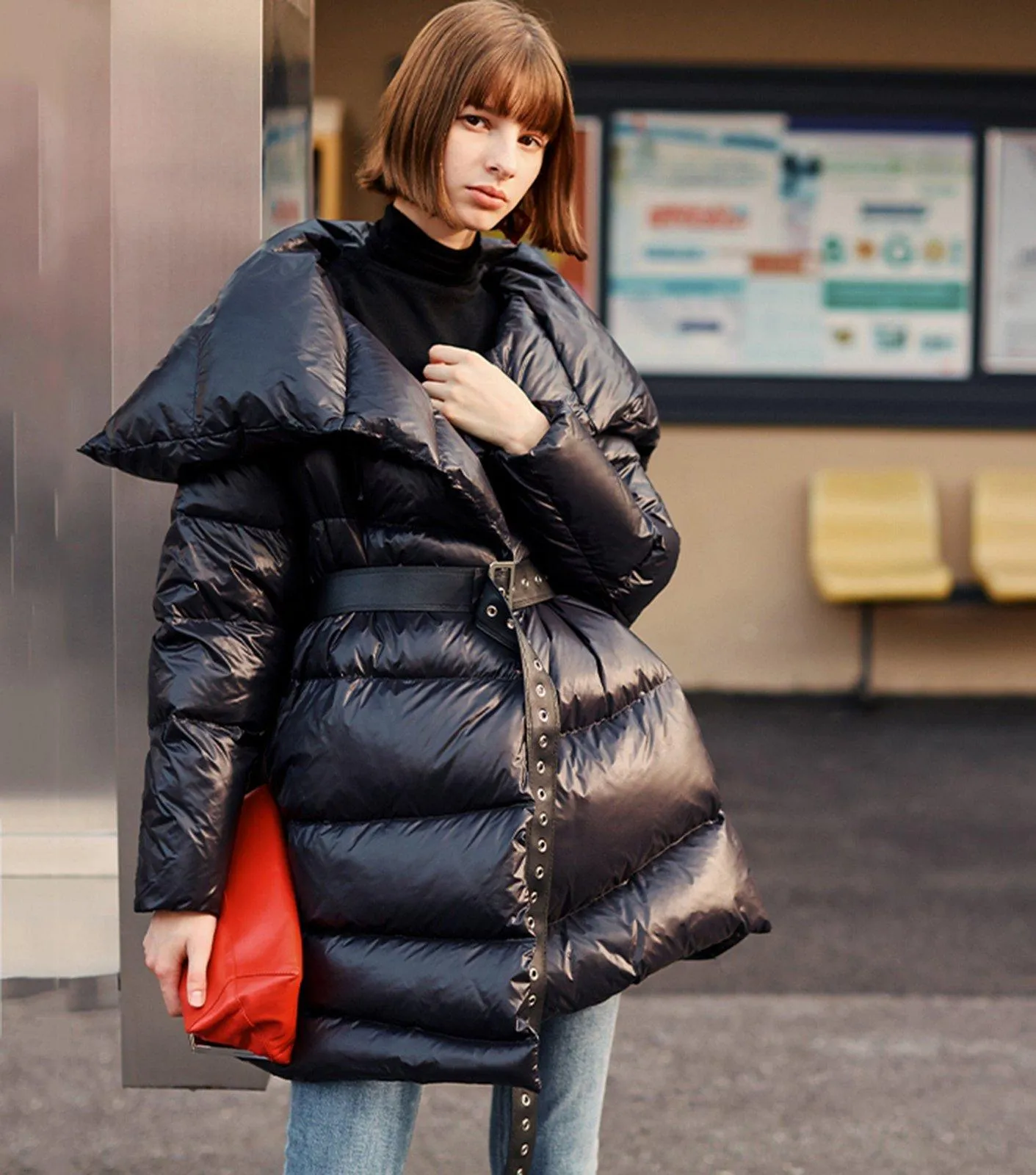 Janice Black Belted Down Puffer Jacket