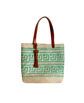 Keta tan leather tote bag / big green hearts hand woven palm