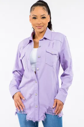 Lavender Frayed Hem Distressed Denim Jacket