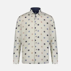 Luchiano Visconti Men's Cotton and Linen Shirt 5037 Blue, Beige, and Cream Polka Dot Print