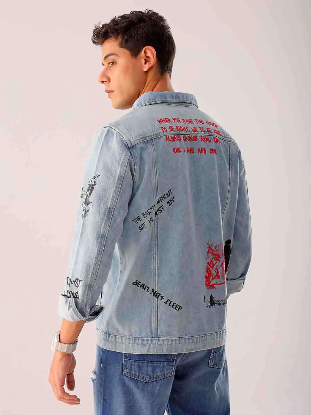 Men Blue Regular Fit Placement Printed Denim Jacket