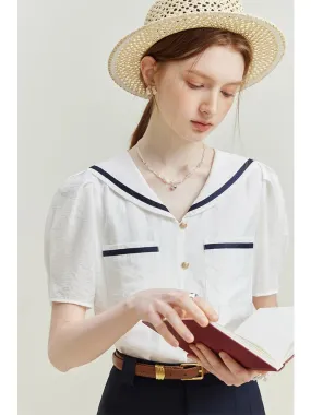 Navy Collar French Short-Sleeved Shirt for Women