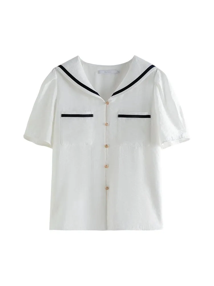 Navy Collar French Short-Sleeved Shirt for Women