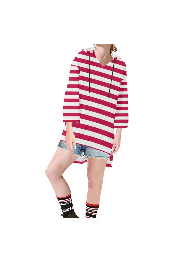 Red Stripes Step Hem Tunic Hoodie for Women (Model H25)