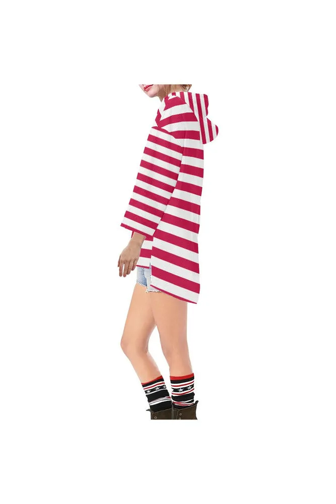 Red Stripes Step Hem Tunic Hoodie for Women (Model H25)