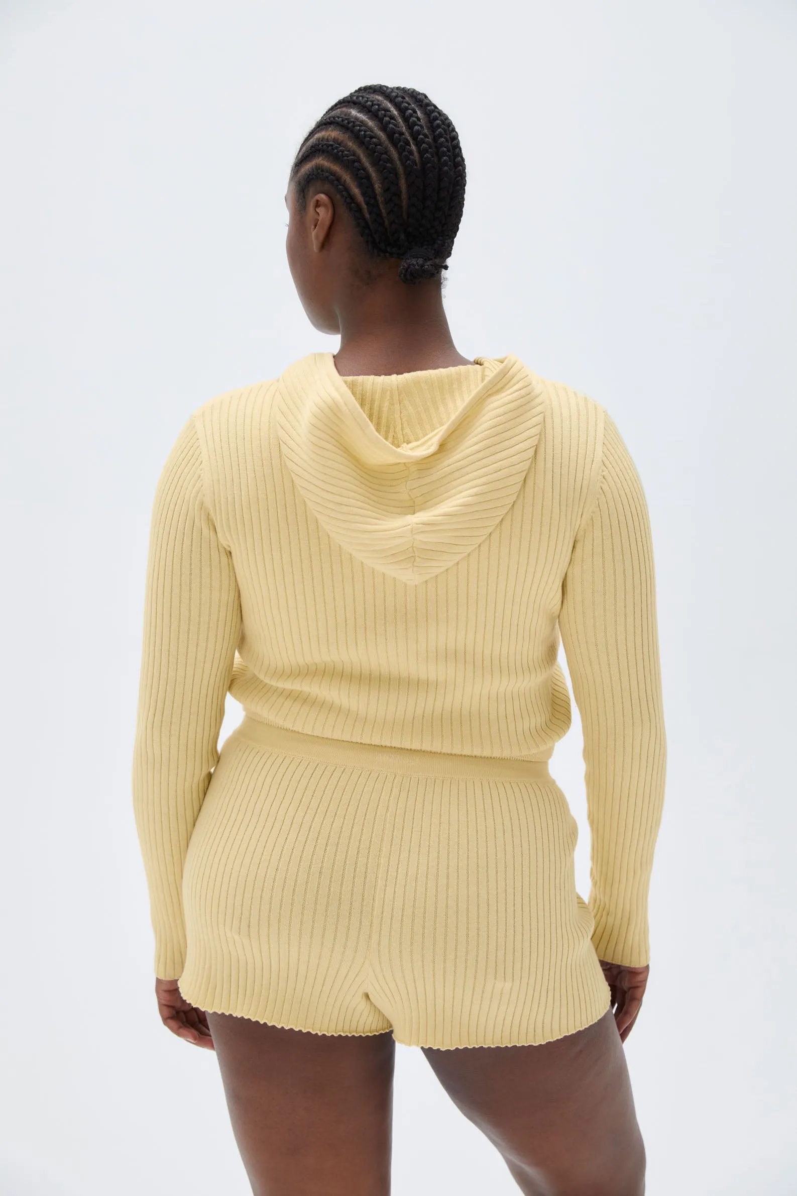 Rib Knit Zip Crop Hoodie - Lemon Yellow