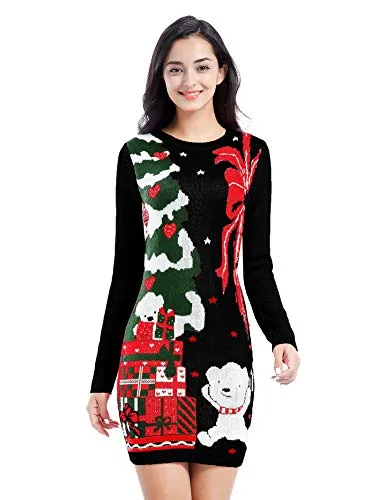 v28 Ugly Christmas Sweater for Women Vintage Funny Merry Knit Sweaters Dress (M, Bear Black)