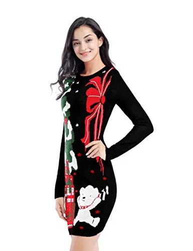 v28 Ugly Christmas Sweater for Women Vintage Funny Merry Knit Sweaters Dress (M, Bear Black)